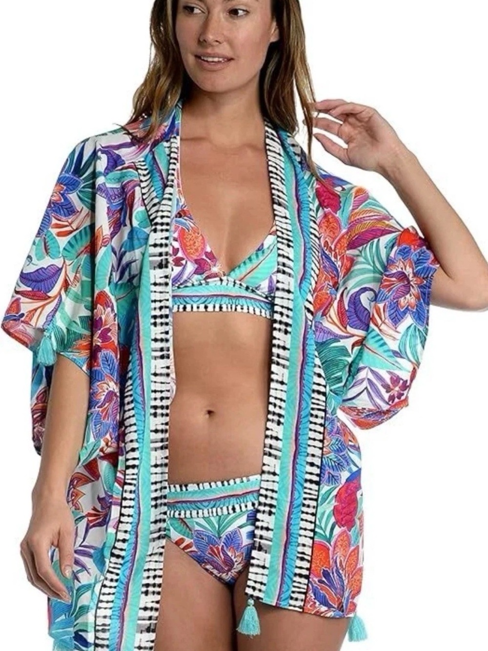 La Blanca Turquoise Multi Floral Kimono Cover-Up